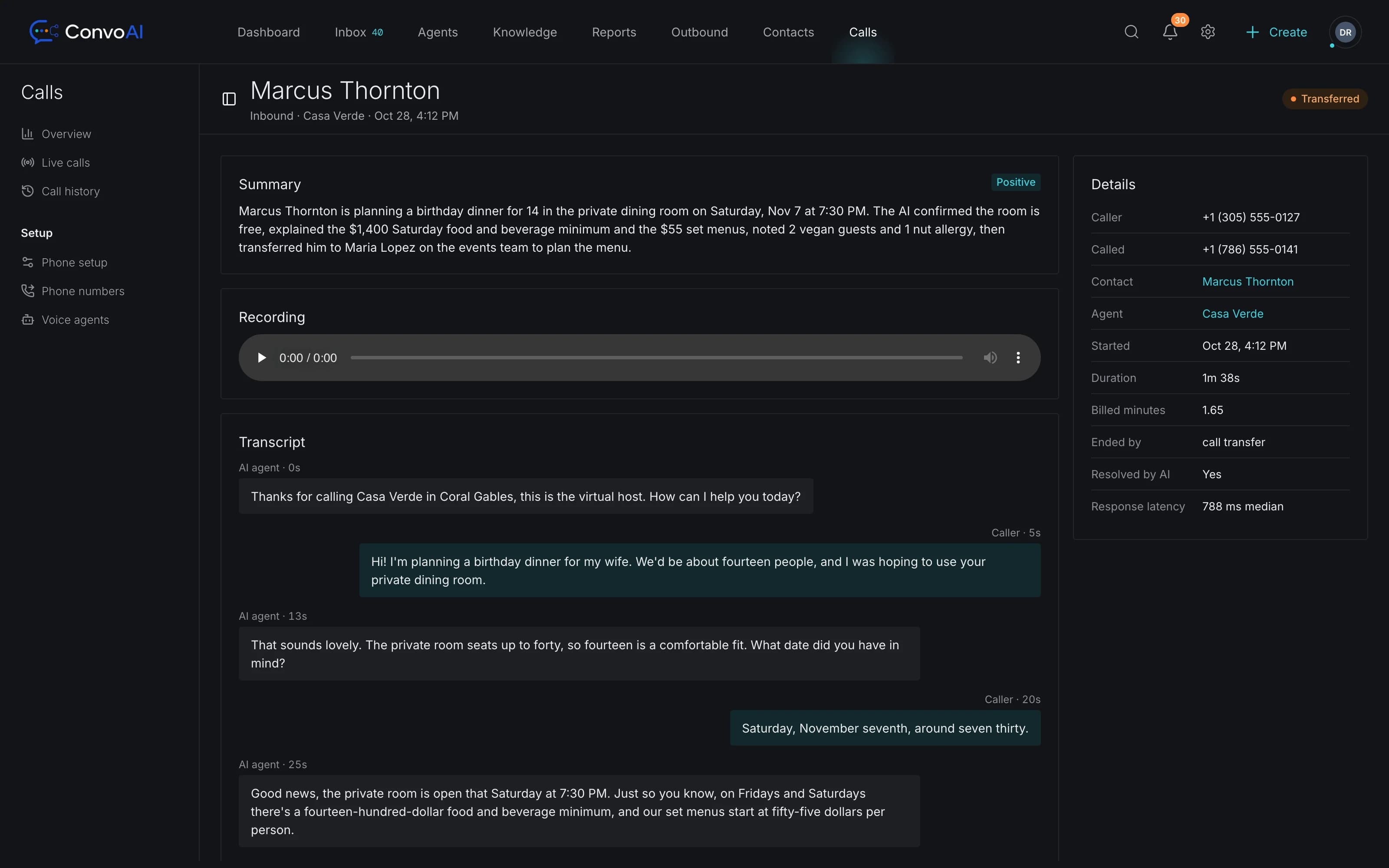 A ConvoAI AI phone call: summary, sentiment, recording, full transcript and call details after a transfer to the team