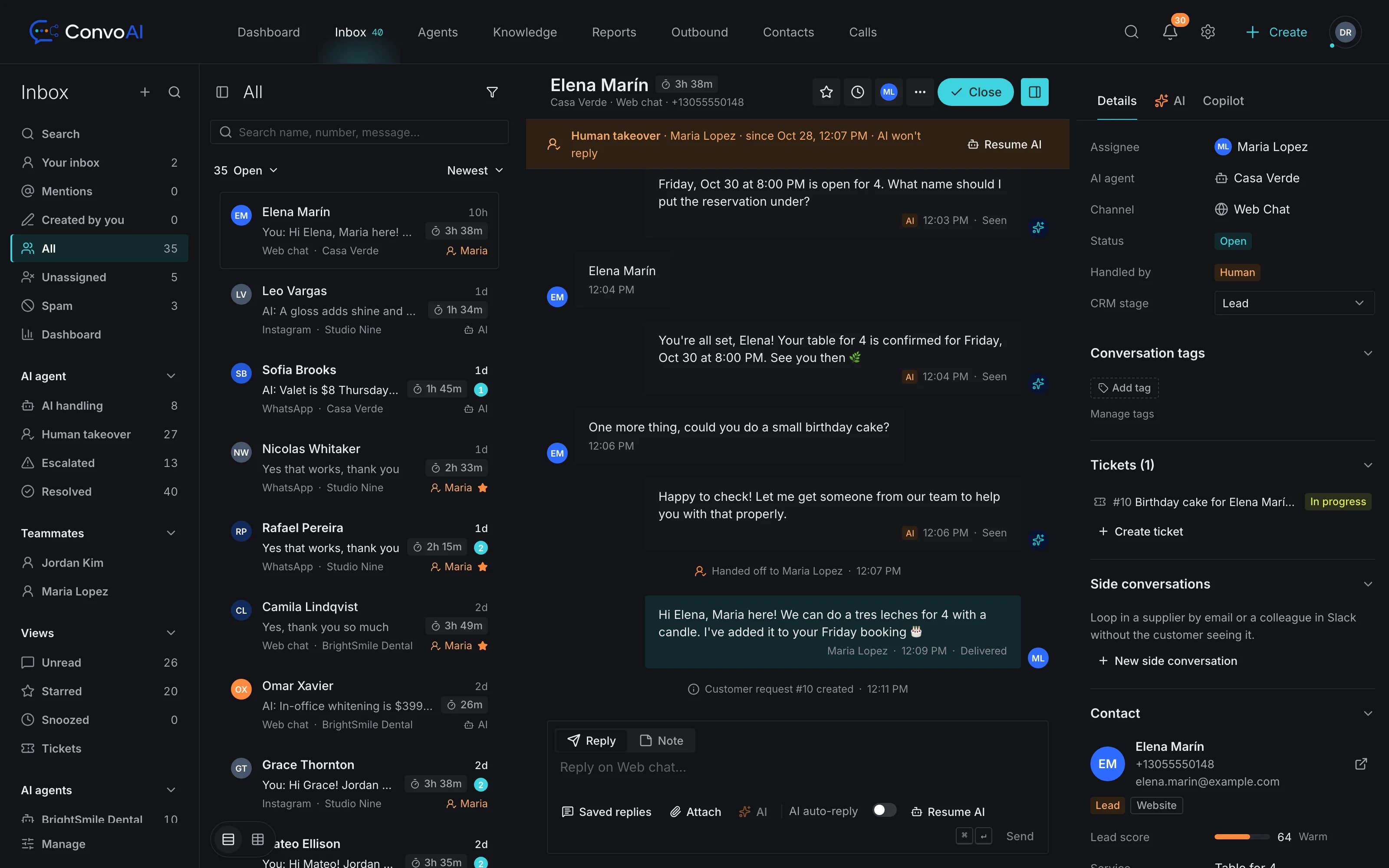 ConvoAI Inbox: a website chat handed off from the AI Employee to a teammate