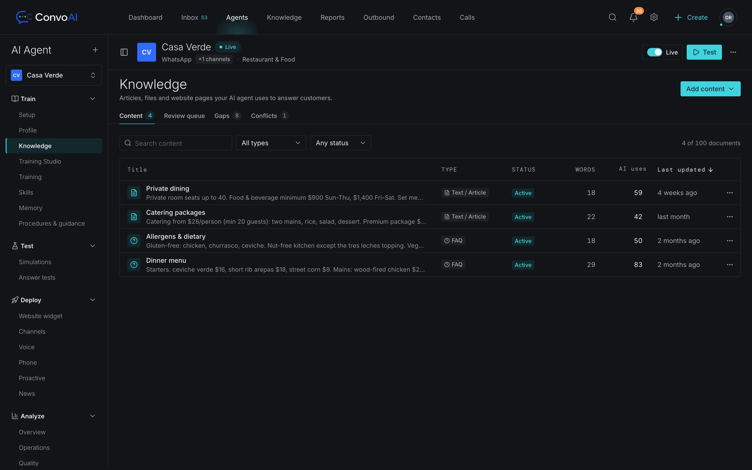 ConvoAI knowledge base with articles and FAQs