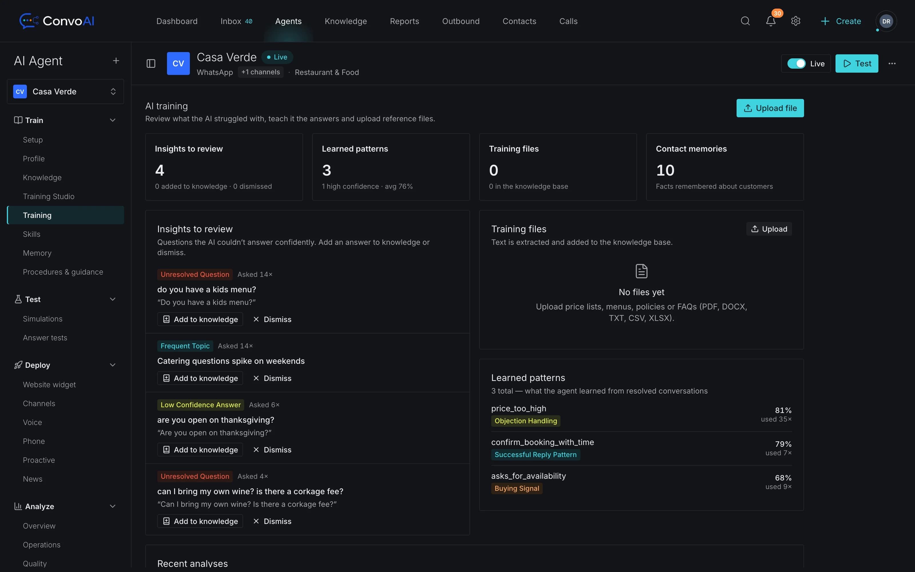 ConvoAI training: questions the AI Employee couldn't answer, ready to add to knowledge